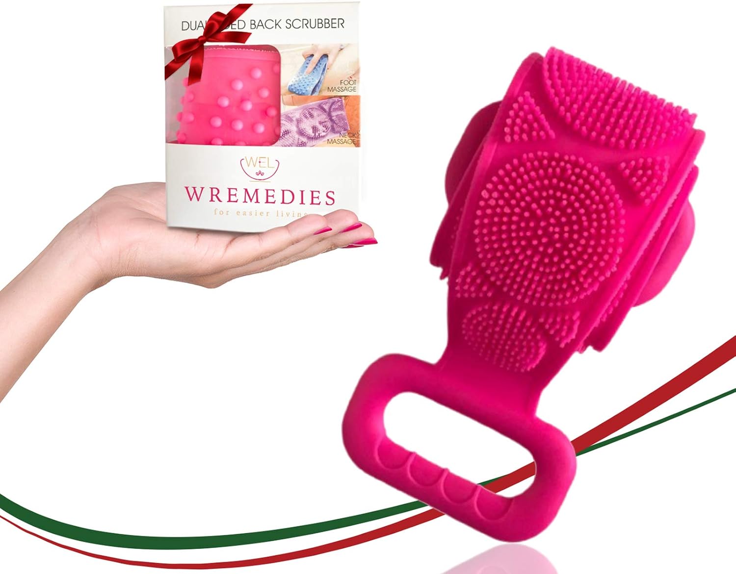 Wremedies for Easier Living Silicone Dual Sided Back Scrubber Body Wash Shower Exfoliating Deep Clean Massage Cleansing Pad Scrub Back Acne Bath Cleanser Ideal for Men and Women (Pink)