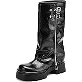 TEAIEUI Knee High Boots Women Chunky Platform Moto Riding Boots Slouchy Fold Over Wide Calf Motorcycle Biker Boots for Women with Fashion Buckle