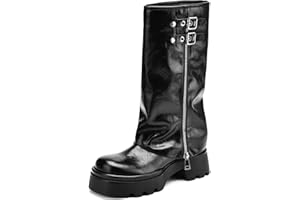 TEAIEUI Women's Knee High Boots Comfortable Platform Round Toe Moto Boots Buckle Dress Fold Over Boots for Women