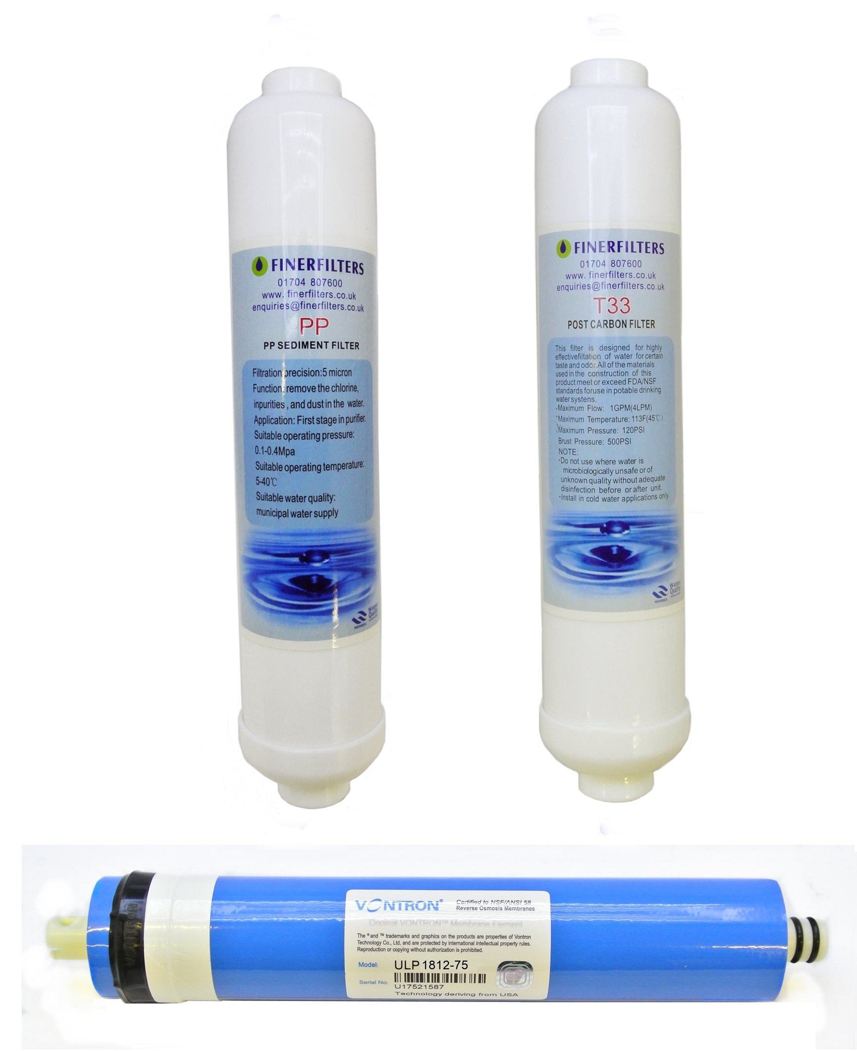 Finerfilters Compact 3 Stage Aquarium Reverse Osmosis Water Filter Replacement Filters & 75GPD Membrane