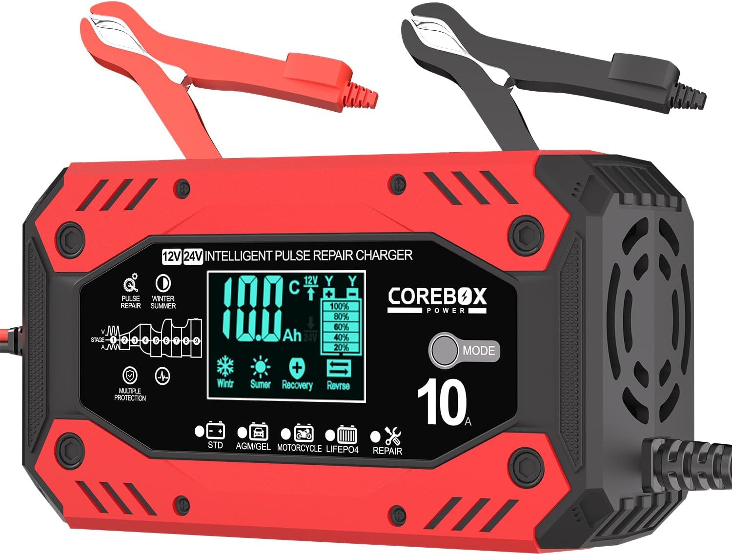 COREBOX Battery Charger 10-Amp 12V/24V- Fully Automatic Car Battery Charger- Trickle Charger, Chargeur Intelligent, Battery Maintainer with Temperature Compensation for Car Truck Motorcycle Lawn Mower