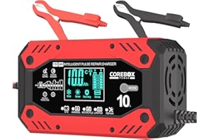 COREBOX Battery Charger 10-Amp 12V/24V Smart Trickle Charger for Car - Battery Maintainer Trickle Charger, and Automotive Battery Charger with Temperature Compensation for Car Truck Motorcycle Lawn Mower