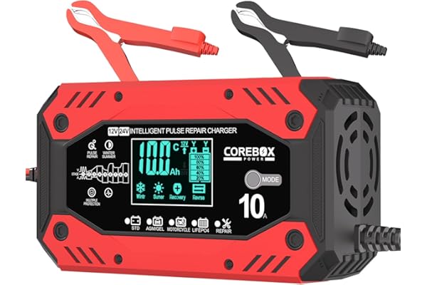 COREBOX Battery Charger 10-Amp 12V/24V- Fully Automatic Car Battery Charger- Trickle Charger, Chargeur Intelligent, Battery M