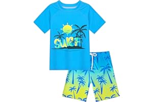 AuSletie Boys Two Piece Rash Guard Swimsuits Sets Kids Short Sleeve Swim Shirts Bathing Suit with Swim Trunks Swimwear Set