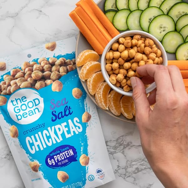 THE GOOD BEAN CRUNCHY CHICKPEAS – VARIETY PACK – (6 PACK) 6 OZ – SEA SALT, CHILI LIME, SWEET SRIRACHA, AND CLASSIC HUMMUS ROASTED CHICKPEA BEANS – VEGAN SNACK – GOOD SOURCE OF PLANT PROTEIN AND FIBER