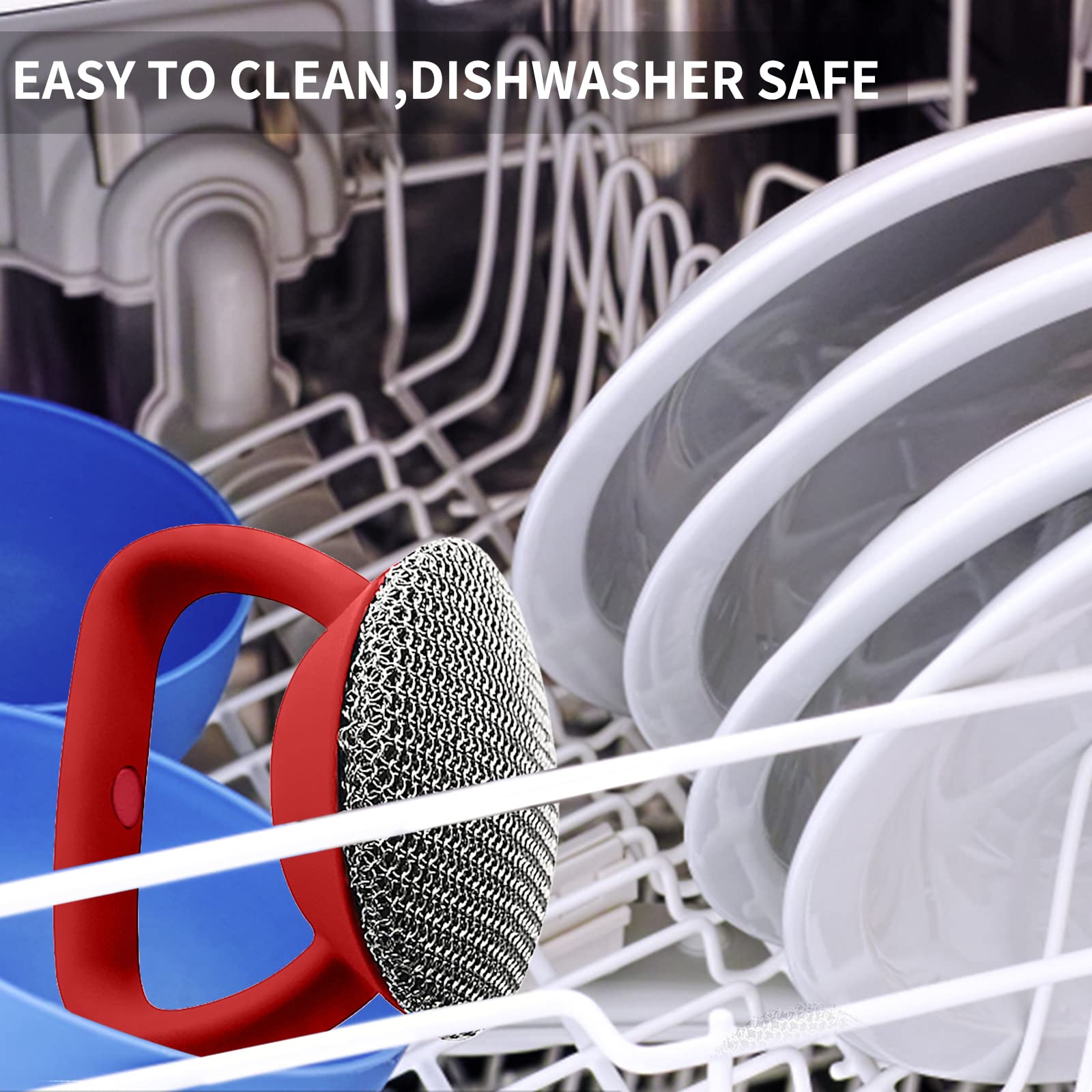 Cast Iron Cleaner Scrubber with Heavy Duty Handle, 3mm Welded Chain Mail Scrubber for Pan Pot Grill- Small Ring Chainmail Grill Scrubber Metal Scrub Sponge Skillet, Oven, Griddle, Wok Cleaning Brush