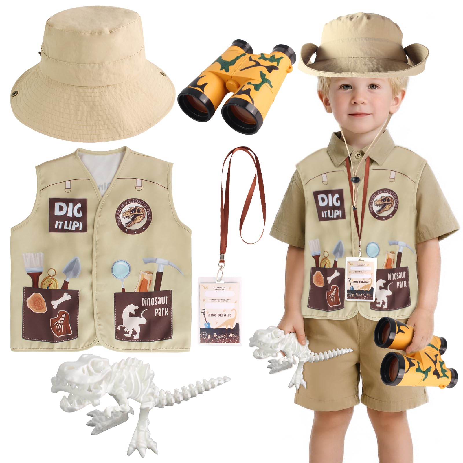 Photo 1 of Kyson Kids Dinosaur Paleontologist Costume Explorer Hat Vest Zoo Keeper Outfit Accessories for Dino Jungle Safari Themed Party (Set A-5 Pieces)
