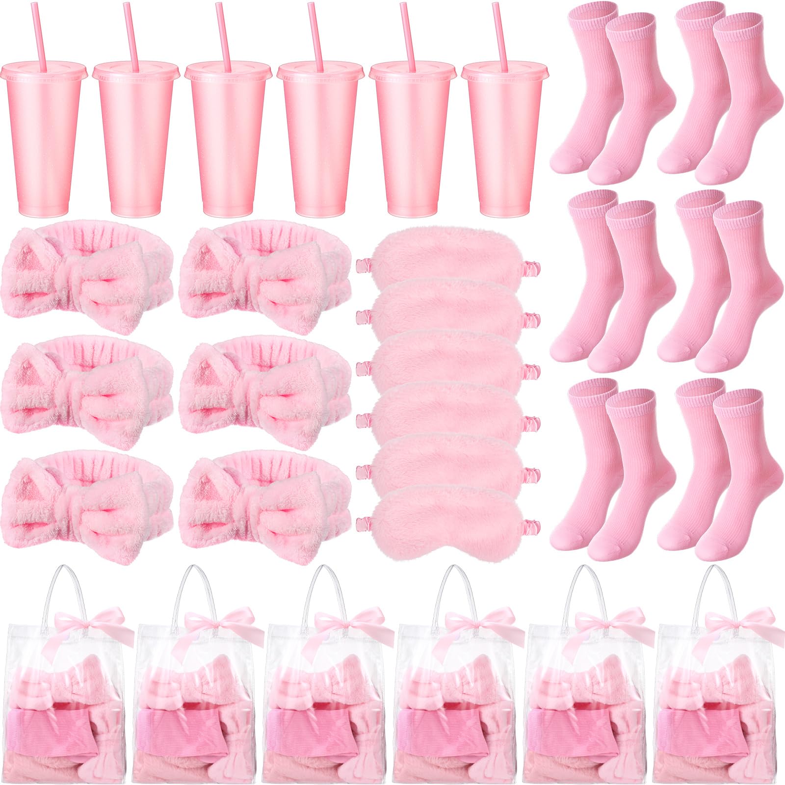 Photo 1 of Suncalla 6 Sets Spa Party Favors for Girls Pink Bow Headbands Eye Masks Socks Glitter Cups Tote Bags Ribbon for Pink Sleepover Party Supplies Bridesmaid Proposal Return Gifts