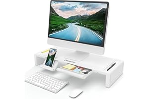 OImaster Monitor Stand Riser, Foldable Computer Monitor Riser, Adjustable Length Computer Stand and Storage Drawer & Pen Slot, Phone Stand Compatible Computer, Desktop, Laptop, Save Space (White)