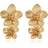 Bohemian Flower Earrings for Women Elegant Matte Double Flower Floral Layered Tiered Dangle Drop Floral Stud Earrings Boho Statement Wedding Holiday Chic Prom Jewelry Gifts
