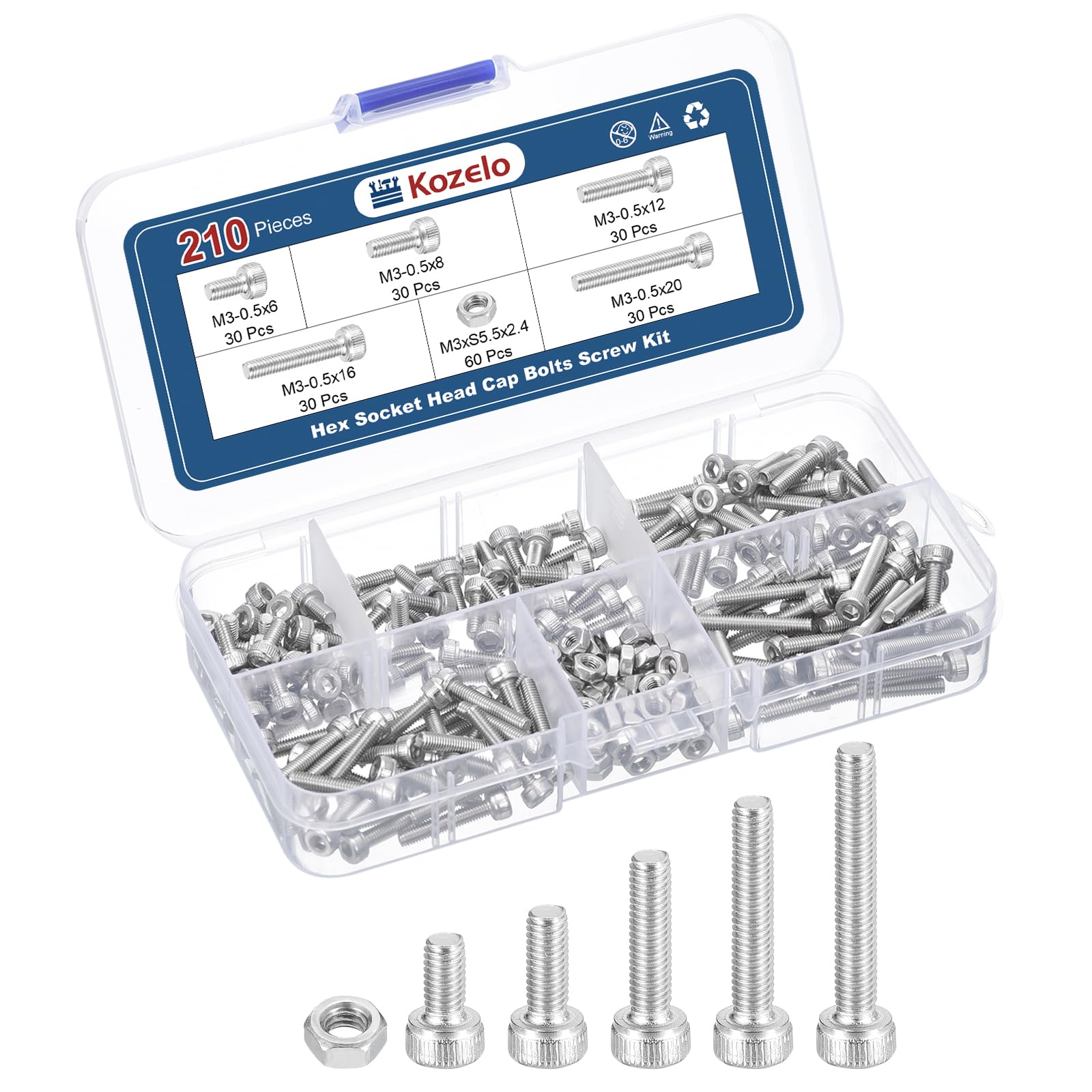 Kozelo 210pcs M3 Socket Head Cap Screws Bolts Nuts Assortment Kit - [M3x6/8/12/16/20mm] 304 Stainless Steel Allen Socket Drive for 3D Printer — image 1