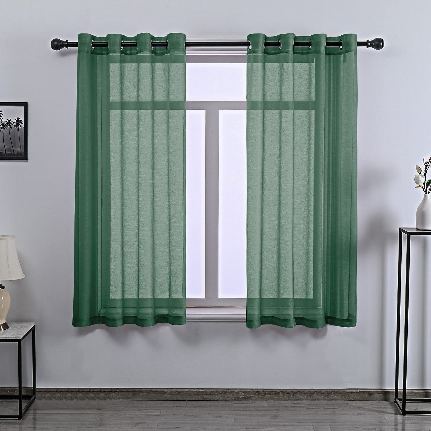 DONREN Dark Emerald Green Sheer Curtains 63 Inch Length for Boy's Room - 2 Panels Hunter Green Grommet Elegant Semi Voile Window Drapes for Bedroom 52 W x 63 Inches Long