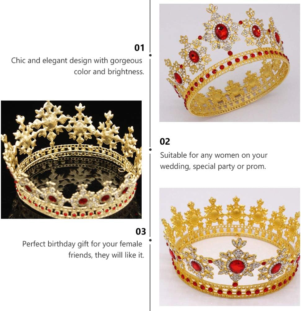 FRCOLOR Baroque Crown Queen Full Round Crowns Rhinestone Beads Vinatge Princess Tiara Wedding Headpiece for Women,Bride(Gold Red) - Image 4