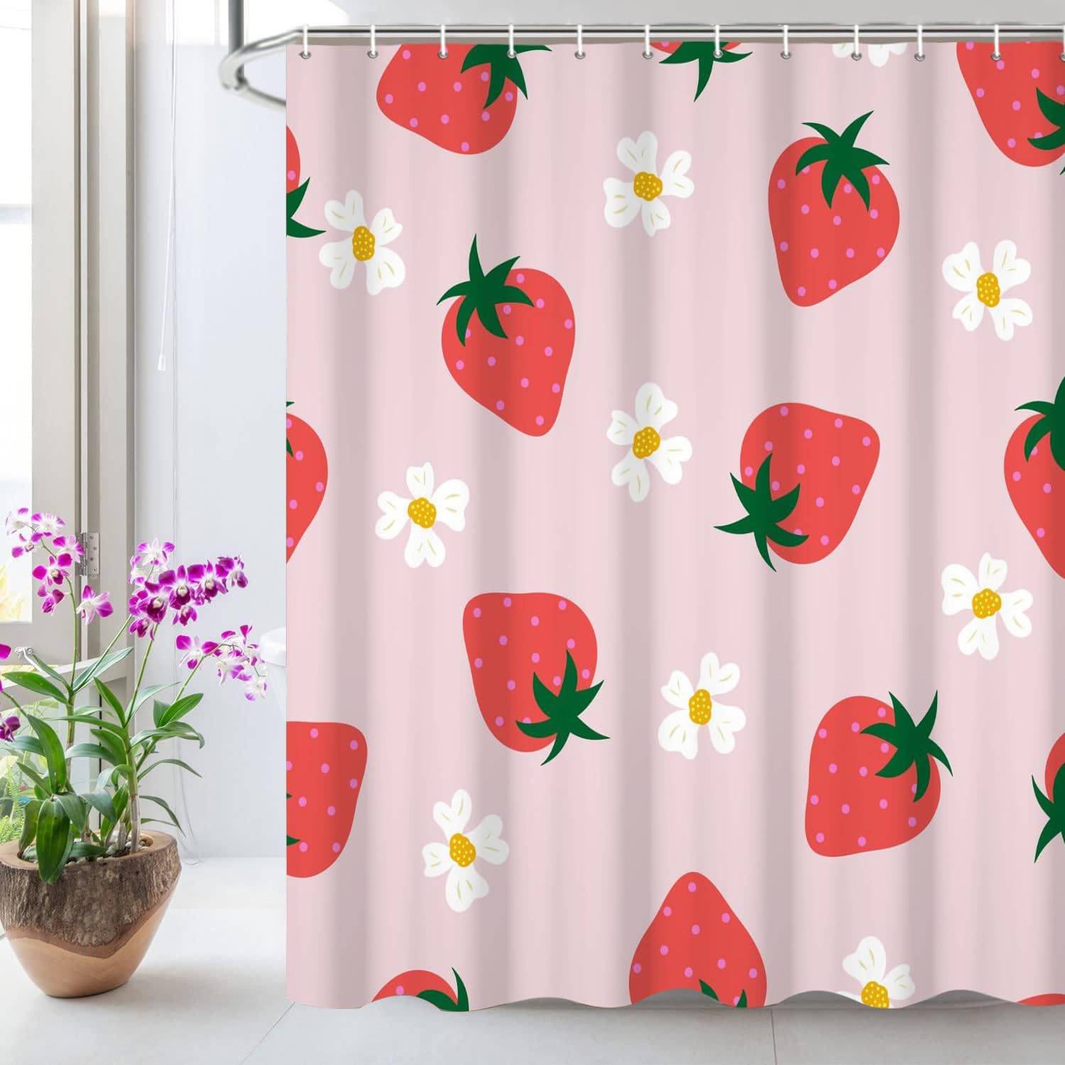 Inshere Cute Strawberry Shower Curtain for Bathroom with 12 Hooks, Pink Funny Strawberry Fruit Flower Shower Curtains Set for Bathroom Decor 72x72 Inch Waterproof Fabric