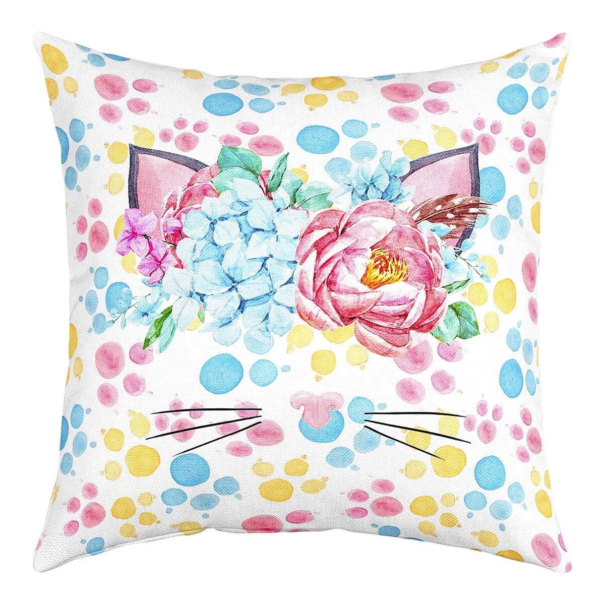 Abstract Cat Pillow Cover 20x20 Inch Cute Cartoon Animal Rustic Flower Square Throw Pillow Cover for Kids Bedroom Decor Watercolor Dots Colorful Decorative Reversible Print Cushion Cover