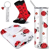 Patelai 4 Pcs Ladybug Gift Set 20 oz Stainless Steel Tumbler with Straw Lady Bug Pattern Flannel Throw Blanket Novelty Sock Inspirational Keychain Gift for Woman Men Ladybug Lovers