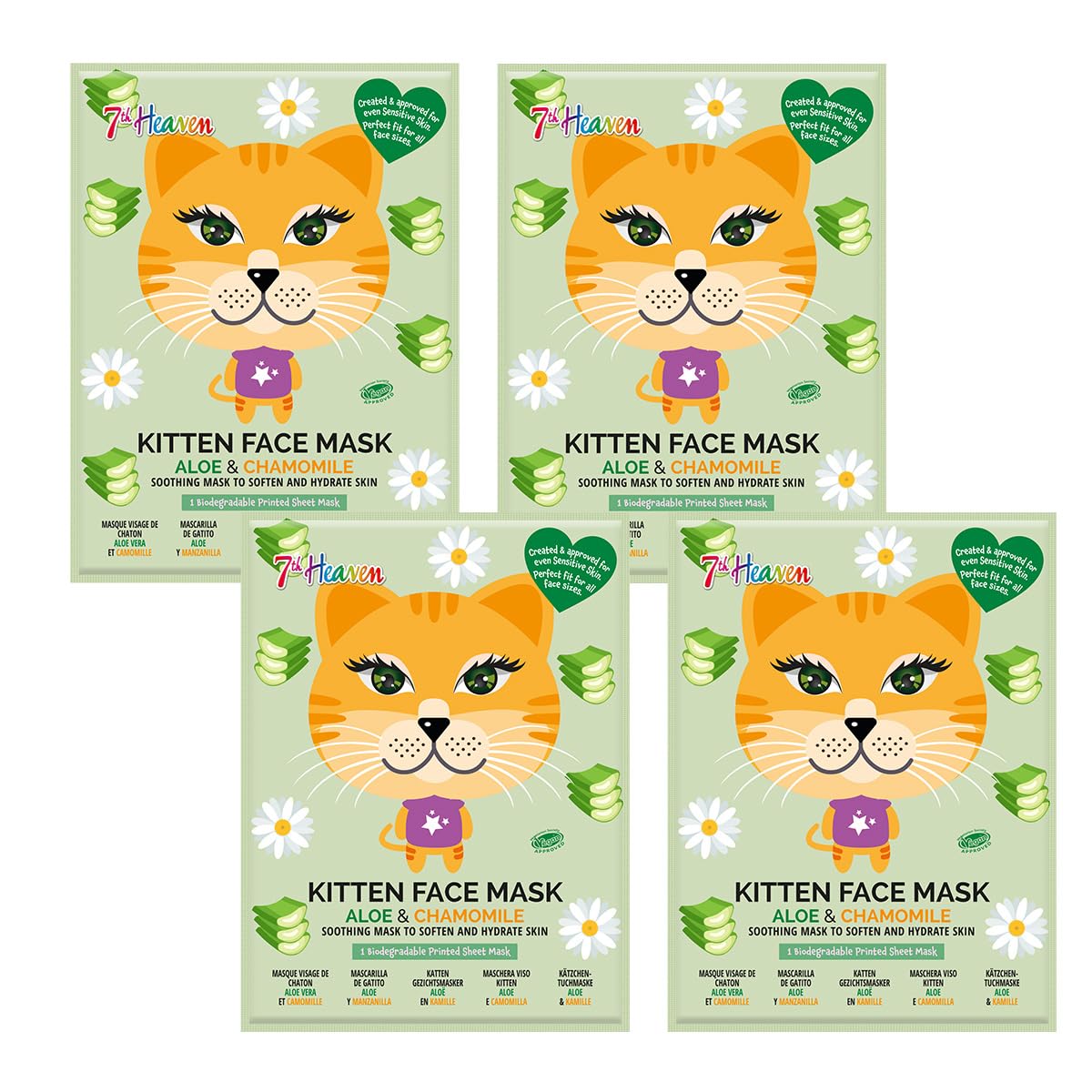 7th Heaven Kitten Face Mask Gift Set (4 Kids Face Masks). Hydrating for Sensitive Skin, Childrens Age 8+, Cruelty Free Sheet Masks - Genuine 7th Heaven Skincare