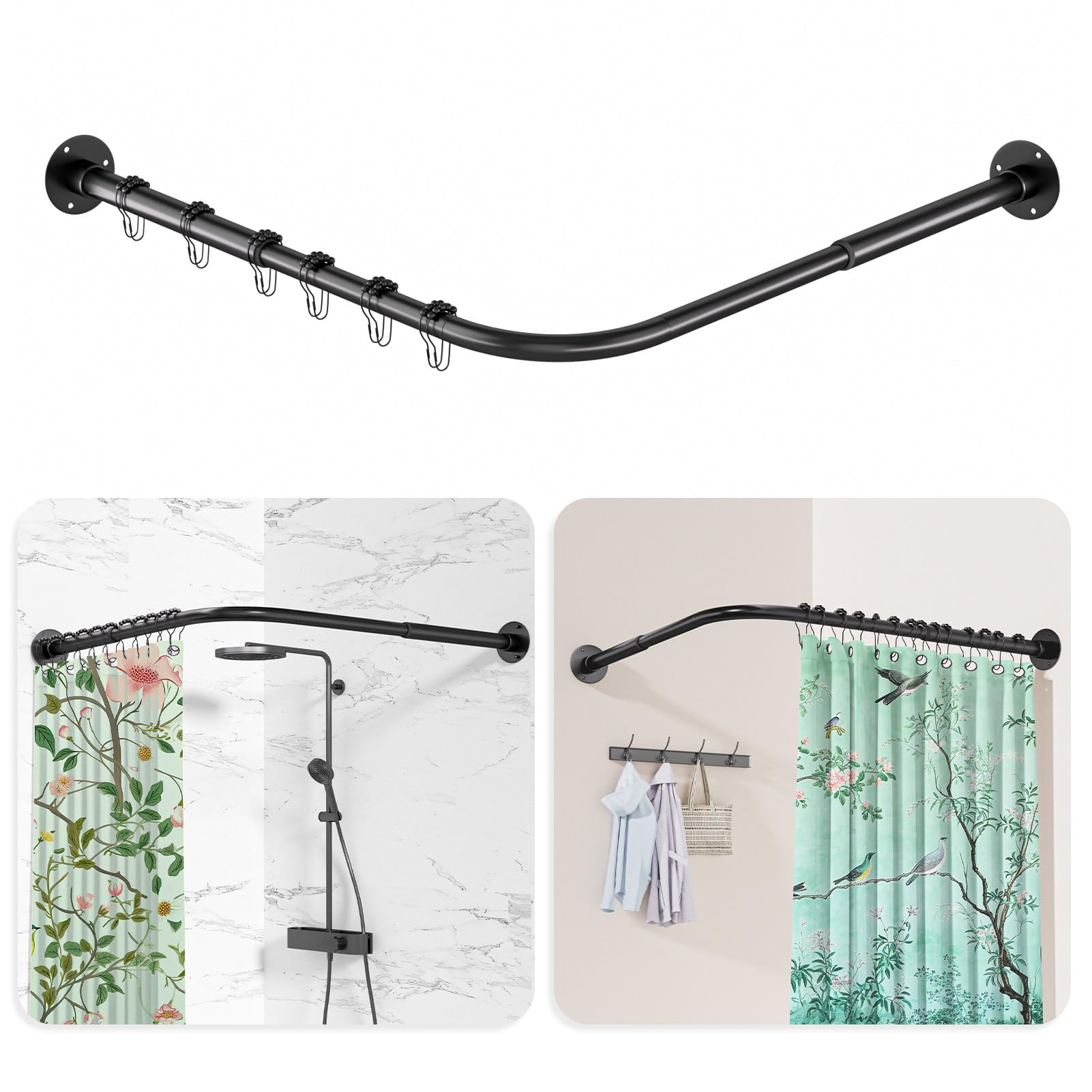 L Shaped Shower Curtain Rail, [60-135cm] x [60-135cm] Adjustable Corner Shower Curtain Rod, Wall Mounted Curved Shower Rail With 12 Rings & Ceiling Support For Bathroom Bathtubs, Need Drilling, Black