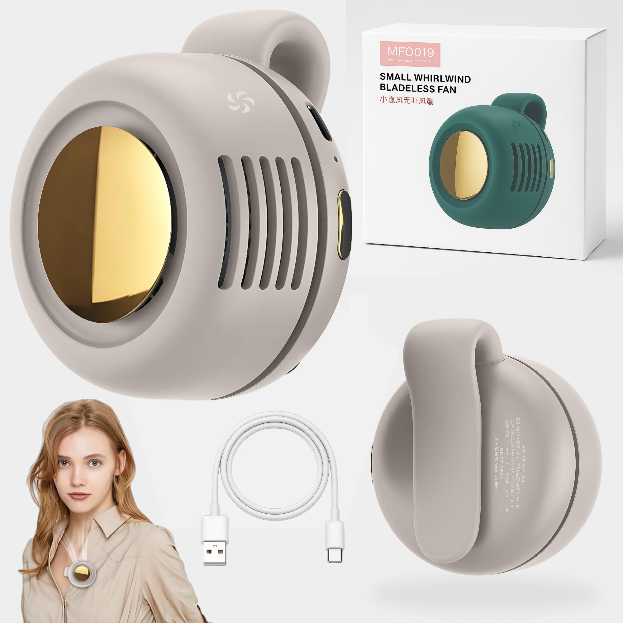 Portable Silent Mini Bladeless Clip-On Fan – Wearable Fan for Shirt Collar & Waist, Small USB-C Rechargeable Fan, Adjustable 3 Speeds, Hands-Free Cooling for Travel, Office, Bed & Outdoors