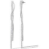 Jessica Simpson Long Silver Rhinestone Tassel Earrings for Women – Twisted Chain Fringe Dangle Earrings – Elegant Statement Jewelry