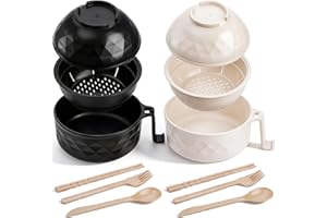 Okllen 2 Pack Microwave Ramen Cooker Bowl, 32Oz Ramen Bowl with Lid Chopsticks Fork Spoon, Wheat Straw Instant Noodle Bowl fo