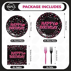 Grencian 96Pcs Hot Pink and Black Birthday Party