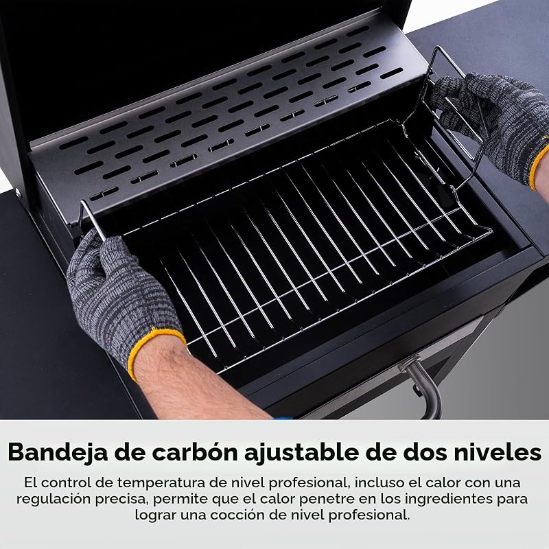 Barbacoa carbón con tapa y funda protectora, Parrilla 2 en 1 compacta para balcón, Termómetro integrado, Mantener caliente, Lista para uso exterior y almacenamiento