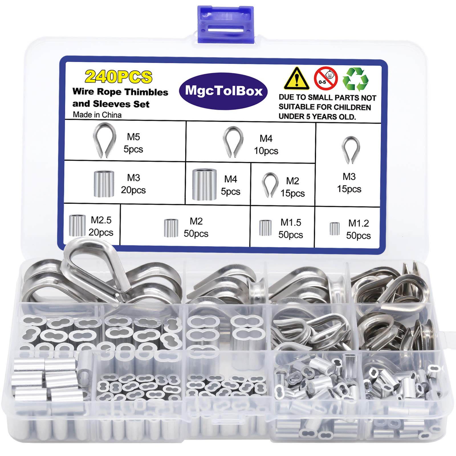 240pcs Double Barrel Ferrule Crimping Loop Sleeve Aluminum Sleeves Clip Wire Rope Thimble Assortment Kit,for Wire Rope,Dog Leashes, Clothes Lines