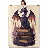 Wanoryer Fantasy Dragon Blanket, Comfy & Warm Flannel Purple Dragon Sitting on Books Throw Blanket for Couch, Gifts for Men Kids Boys, Soft Fuzzy Lightweight Travel Bed Blankets for Decor 50"×60"