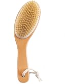 Dry Brushing Body Brush with Handle, Natural Bristle Exfoliating Brush | Dry Scrub Brush with Contoured Wooden Handle for Smooth Skin,Supports Lymphatic Drainage,Blood Circulation,Cellulite Massage