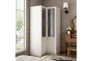 TAMUNE L-Shape Wardrobe Armoire Closet with Hanging Rod & Shelf, Bedroom Armoire with Frosted Glass Doors, Clothes Wardrobe with Gold Knobs, Wood Grain, 35.4”D x 35.4”W x 70.9”H
