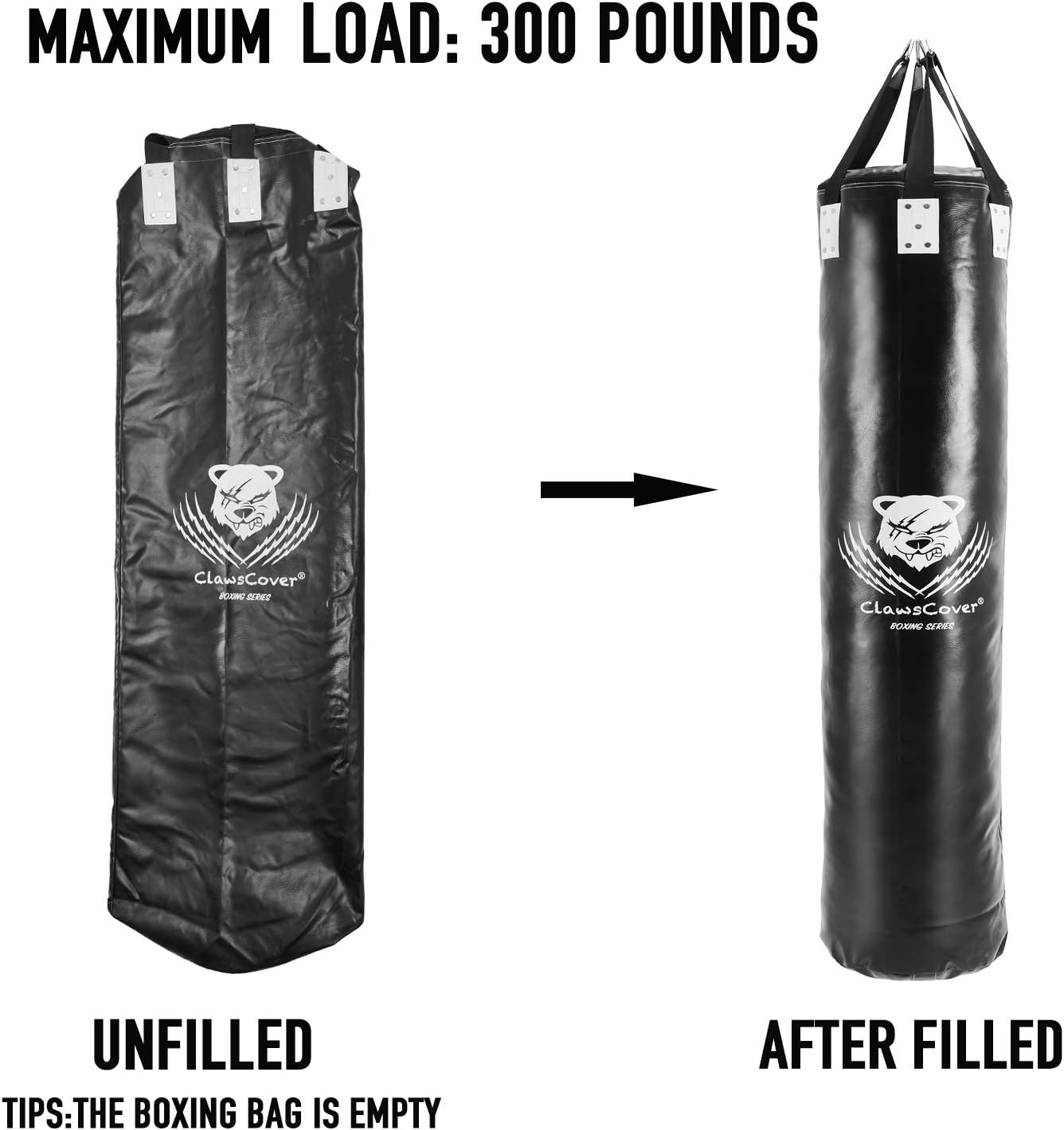 ClawsCover 6FT Heavy Punching Bag Boxing UNFILLED Premium PU Leather Hanging Kickboxing Bags Banana Bag for MMA Muay Thai Martial Arts Taekwondo Workout Training Fitness, Black : Sports & Outdoors
