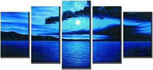 Wieco Art Dark Blue Ocean White Sun Modern 5 Piece Wrapped Giclee Canvas Prints Contemporary Seascape Artwork Beach Pictures Paintings on Canvas Wall Art for Living Room Bedroom Home Decorations