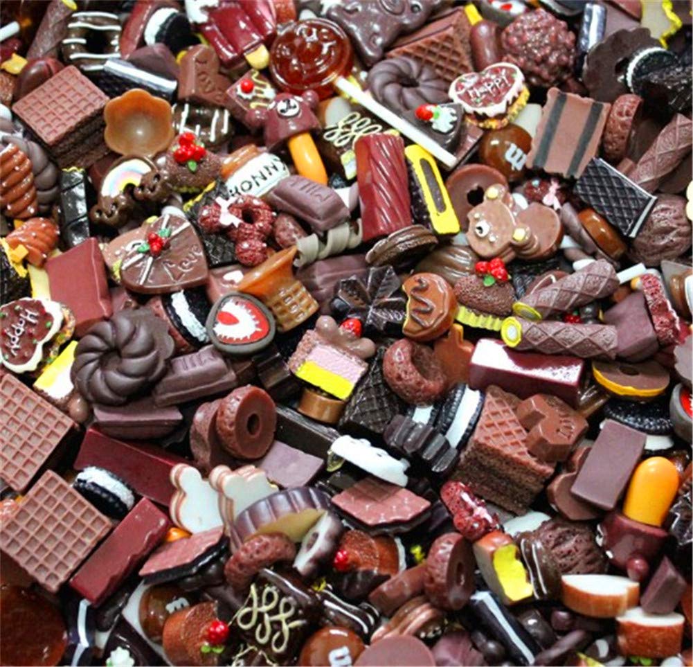 Random 30pcs Cute Candy Resin Charms Beads Fruit Dessert Ice Cream Plastic Slices Flatback Buttons for Handcraft Accessories Scrapbooking Phone Case Decor(Chocolate)