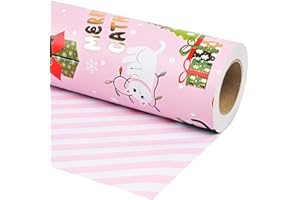 Dlyrroba Reversible Cat Christmas Wrapping Paper Roll - Pink Metallic Foil Christmas Cat Gift Wrap and Stripe Cute Xmas Desig