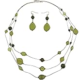 Coiris 3-Layer Illusion line Long Necklace Earrings Set Ladies Green Beads