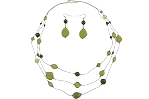 Coiris 3-Layer Illusion line Long Necklace Earrings Set Ladies Green Beads