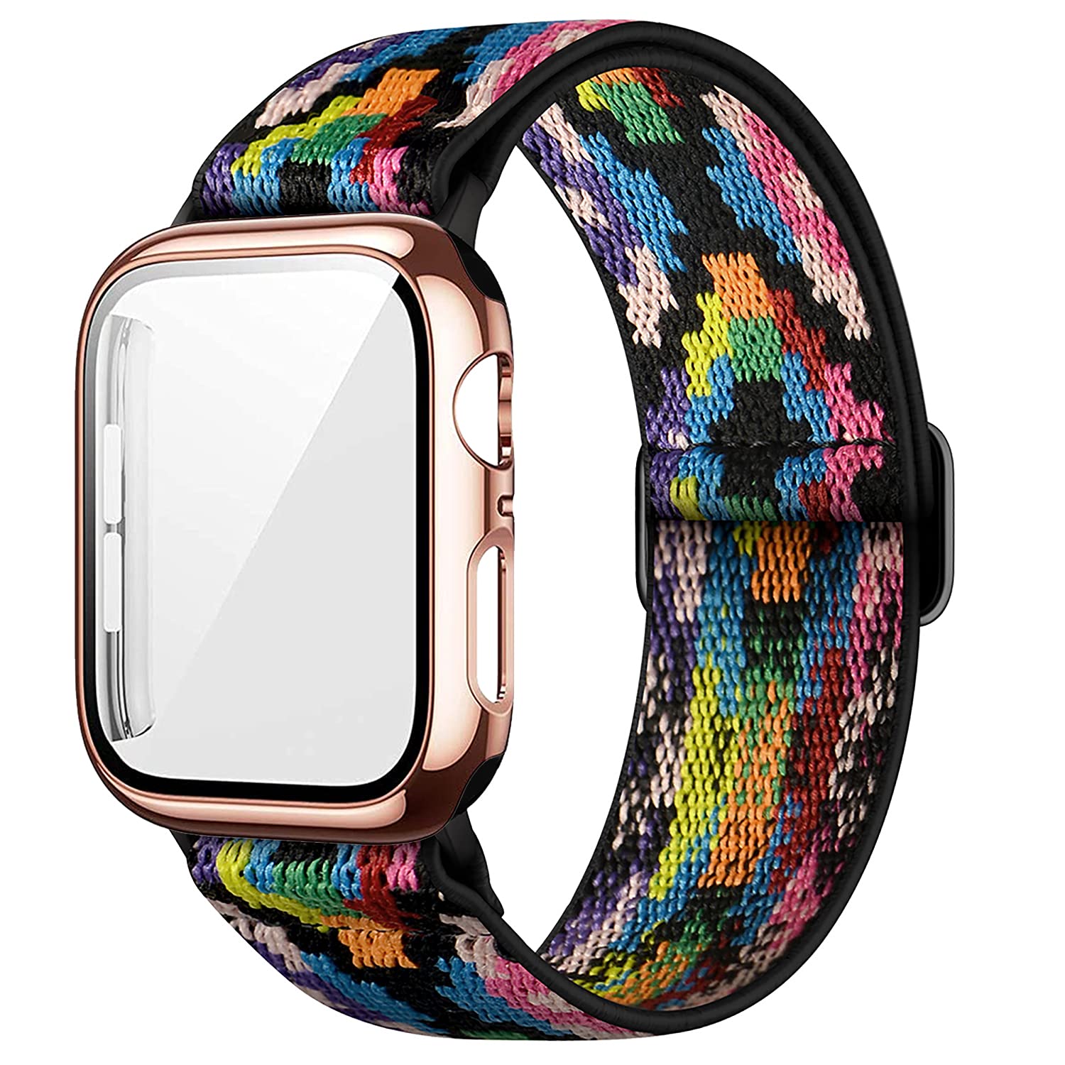 Qeei Women Stretchable Pattern Nylon Band Compatible with Apple Watch Strap 42mm Series 3, With 9H Hard Case Protector covered by Tempered Glass (RoseGold), Pixel Rainbow โ image 1