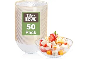 Rubtlamp 50 Pack Clear Disposable Bowls, Clear Plastic Bowls with Gold Rim, 12-16oz Premium Heavy Duty Plastic Hammered soup Bowls for Milk Cereals, Snacks, Salads