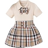 WDIRARA Toddler Girl's 2 Piece Outfit Bow Front Short Sleeve Tee and Plaid Pleated Aline Skirt Set