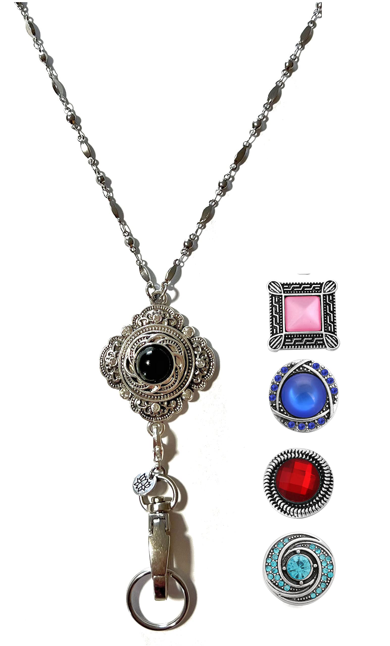Hidden Hollow Beads Interchangeable Snap Button Lanyard Women's Stainlesss Steel Chain ID Badge holder Teacher Cruise Phone, Decorative, 34 inches