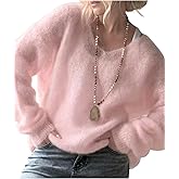 Urchics Womens V Neck Fuzzy Sweater Plush Mohair Blend Sweaters Dusty Pink Fall Winter Casual Pullover Tops