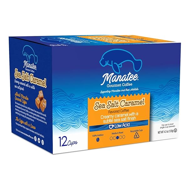 MANATEE GOURMET COFFEE SINGLE SERVE PODS FOR KEURIG 2.0 K CUP BREWERS, MEDIUM ROAST, SEA SALT CARAMEL, 12 COUNT