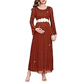 AISWI Maternity Sparkly Mesh Dress Bell Long Sleeve Round Neck A Line Flowy Pregnancy Dresses Baby Shower Semi Formal