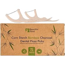 Natural Dental Floss Picks 75 Pack &ndash; Organic Biodegradable Floss Sticks with Strong Bamboo Charcoal Thread &amp; Vegan Cornstarch