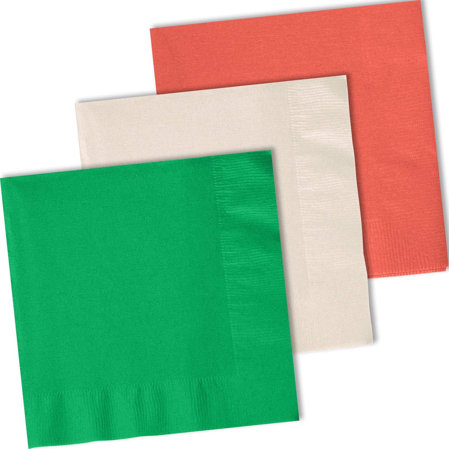 150 Lunch Napkins, Emerald Green, Ivory, Coral 50 Each Color. 2 Ply Paper Dinner