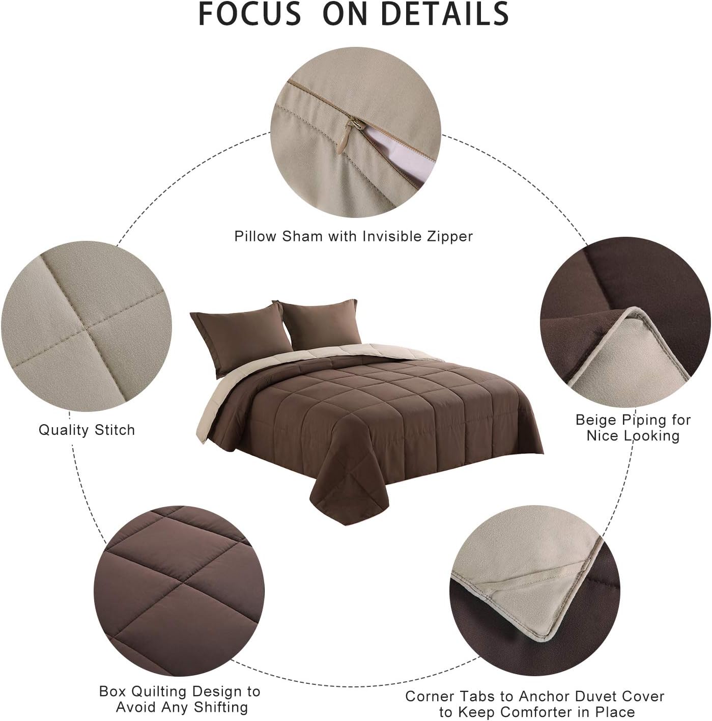 Homelike Moment Lightweight Comforter Set California King Reversible All Season Down Alternative Bed Comforter Set Summer Blanket 3 Piece - 1 Comforter 2 Pillow Shams Cal King Size Brown / Beige: Kitchen & Dining