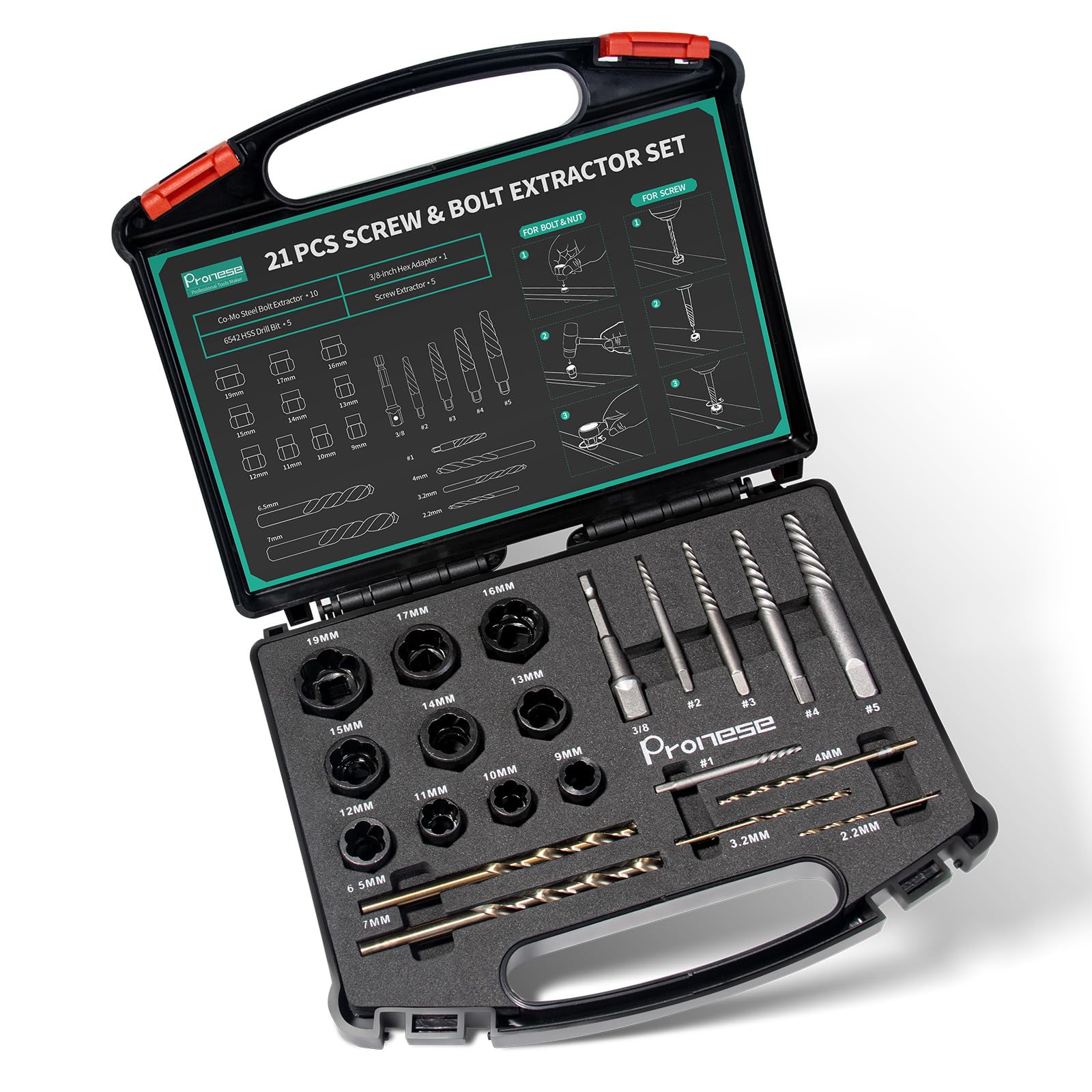 Pronese 21 pcs Bolt&Screw Extractor and Drill Bit Set, Damaged Screw Extractor Set, Bolt Nut Remover and Locking Wheel Nut Removal Tool, Easy Out Broken Lug Nut Extraction, Socket Tool for Stripped