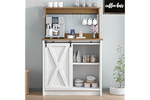 4EVER2BUY Farmhouse Coffee Bar with Hutch, White Coffee Bar Cabinet with Storage Sliding Barn Door, 31 Inch Buffet Cabinet with 6 Hooks, Coffee Bar Table with Adjustable Shelves for Living Dining Room