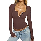 Womens Henley Long Sleeve Shirt Sexy Deep V Neck Square Neck Tee Slim Fitted Y2K Going Out Top Spring Fall Clothes 2025